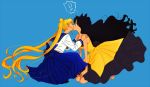  2girls barefoot big_hair bishoujo_senshi_sailor_moon black_hair blonde_hair blue_background blue_skirt closed_eyes double_bun dress full_body hands_on_another&#039;s_shoulders highres kiss kneeling lisginka long_hair long_skirt luna_(sailor_moon) luna_(sailor_moon)_(human) multiple_girls personification petticoat pleated_skirt school_uniform serafuku simple_background skirt sleeveless sleeveless_dress surprised tsukino_usagi twintails very_long_hair yuri 