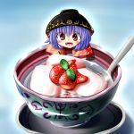  1girl :d blue_hair bowl_hat cup food food_as_clothes food_themed_clothes fruit minigirl oimonocake open_mouth pink_hair short_hair smile spoon strawberry sukuna_shinmyoumaru touhou 