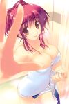  1girl :o absurdres amazuyu_tatsuki bathroom breasts brown_eyes cleavage hair_up highres kousaka_tamaki naked_towel outstretched_arm ponytail redhead to_heart_2 towel wet_hair 
