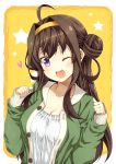  1girl ;d ahoge alternate_costume blush breasts brown_hair casual cleavage double_bun hair_intakes hairband heart kantai_collection kongou_(kantai_collection) kouji_(campus_life) long_hair looking_at_viewer one_eye_closed open_mouth revision smile solo star violet_eyes yellow_background 