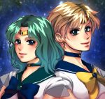  2girls aqua_eyes aqua_hair bishoujo_senshi_sailor_moon blonde_hair blue_eyes bow circlet graphite_(medium) highres kaiou_michiru light_smile multiple_girls oquno_airi outer_senshi sailor_collar sailor_neptune sailor_senshi sailor_uranus short_hair super_sailor_neptune super_sailor_uranus ten&#039;ou_haruka traditional_media very_short_hair 