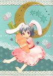  1girl animal_ears barefoot blush carrot dress heart highres inaba_tewi moon paper_cut-out rabbit_ears red_eyes solo taninaka_tuna touhou 