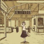  1girl adjusting_clothes adjusting_hat bow hat hat_bow looking_back maruhachi_(maruhachi_record) monochrome necktie ribbon short_hair skirt smile solo suitcase touhou train_station usami_renko 