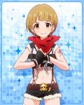  1girl artist_request belt blonde_hair blue_background brown_eyes chain fingerless_gloves fukuda_noriko gloves handkerchief idolmaster idolmaster_million_live! midriff official_art pirate short_hair skull_and_crossbones suspenders tattoo thigh-highs 