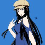  1girl akiyama_mio black_hair blue_background blue_eyes bust cabbie_hat commentary dh_(brink_of_memories) hat highres k-on! long_hair looking_at_viewer smile solo v 