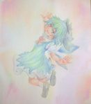  1girl :d blue_eyes blue_hair bow cirno dress full_body hair_bow highres ice ice_wings looking_at_viewer open_mouth outstretched_arms pink_background puffy_short_sleeves puffy_sleeves shoes short_hair short_sleeves smile socks solo spread_arms touhou traditional_media watercolor_(medium) wings yuyu_(00365676) 