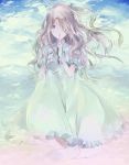  1girl blonde_hair blue_eyes clouds colored_eyelashes covering_mouth dress finger_to_mouth floating_hair frilled_dress frilled_sleeves frills hair_over_one_eye highres index_finger_raised long_hair looking_at_viewer marnie omoide_no_marnie pale_color puffy_short_sleeves puffy_sleeves punitama short_sleeves sitting sky solo tears very_long_hair wavy_hair white_dress wind 