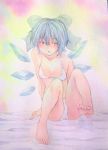  1girl arm_support barefoot bikini blue_eyes blue_hair blush chestnut_mouth cirno feet highres ice ice_wings open_mouth pink_background short_hair sitting solo swimsuit touhou traditional_media watercolor_(medium) white_bikini white_swimsuit wings yuyu_(00365676) 