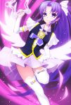  1girl amane_satsuki boots brooch cure_fortune earrings fortune_tambourine hair_ornament happinesscharge_precure! hikawa_iona jewelry long_hair magical_girl necktie ponytail precure purple_background purple_hair purple_skirt skirt smile solo thigh-highs thigh_boots very_long_hair violet_eyes white_legwear wings 