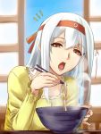  1girl alternate_costume bowl brown_hair bust eating food hairband ishii_hisao kantai_collection long_hair noodles open_mouth shoukaku_(kantai_collection) solo steam white_background 