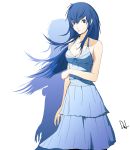  1girl blue_eyes blue_hair commentary dh_(brink_of_memories) dress hair_between_eyes highres jewelry long_hair necklace persona persona_4 persona_x_detective shadow shirogane_naoto signature solo sundress white_background 