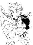  1boy 1girl ahiru1126 black_hair blush couple hat hetero higashikata_rina hoodie hug japanese_clothes johnny_joestar jojo_no_kimyou_na_bouken kimono monochrome one_eye_closed short_hair steel_ball_run wristband 