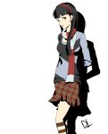  1girl amagi_yukiko arms_behind_back atlus black_hair brown_eyes commentary cosplay dh_(brink_of_memories) female_protagonist_(persona_3) female_protagonist_(persona_3)_(cosplay) hairband highres kneehighs long_hair megami_tensei official_style persona persona_3 persona_3_portable persona_4 scarf shiomi_kotone shiomi_kotone_(cosplay) signature skirt solo striped striped_legwear white_background 