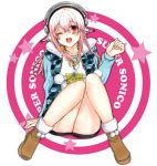  1girl ;d breasts headphones hoodie large_breasts long_hair looking_at_viewer nitroplus one_eye_closed open_mouth pink_hair pom_pom_(clothes) red_eyes ryokuya smile solo super_sonico 