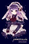  1girl animal_ears apron black_gloves blue_background blush bow box capelet gift gift_box gloves gradient_hair headdress highres long_hair multicolored_eyes multicolored_hair original purple_hair rabbit_ears red_eyes simple_background solo sumisu_(rinsumi) violet_eyes 