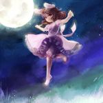  1girl animal_ears barefoot brown_hair carrot dress inaba_tewi jewelry kayako_(tdxxxk) moon necklace red_eyes solo touhou 