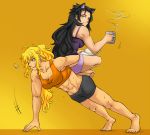  abs animal_ears black_hair blake_belladonna blonde_hair breasts cat_ears cleavage cup dl extra_ears looking_back makeup mug muscle paper person_on_back push-ups rwby simple_background sitting sitting_on_person smile sports_bra steam tank_top violet_eyes yang_xiao_long yellow_eyes 