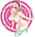  1girl bikini breasts cleavage headphones high_heels large_breasts long_hair looking_at_viewer nitroplus open_mouth pink_hair red_eyes ryokuya smile solo super_sonico swimsuit thigh-highs 
