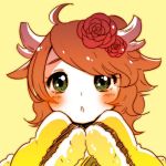  1girl :o ahoge antlers blush brown_hair bust flower fur_trim green_eyes hair_flower hair_ornament horns kano_(p&amp;d) long_hair long_sleeves open_mouth pikomarie puzzle_&amp;_dragons sleeves_past_wrists solo yellow_background 