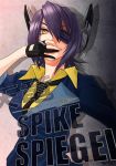  1girl banpei character_name cigarette commentary cosplay cowboy_bebop eyepatch gloves headgear kantai_collection necktie purple_hair short_hair signature smoking solo spike_spiegel spike_spiegel_(cosplay) tenryuu_(kantai_collection) yellow_eyes yellow_shirt 