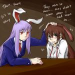  2girls animal_ears blush brown_hair comforting crossover crying crying_with_eyes_open dl english formal lavender_hair long_hair lowres multiple_girls necktie petting rabbit_ears red_eyes reisen_udongein_inaba rwby suit tears touhou trait_connection velvet_scarlatina 