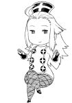  1girl alternate_costume bravely_default:_flying_fairy bravely_default_(series) chibi crossed_legs edea_lee fishnet_pantyhose fishnets gloves hat long_hair pantyhose sitting smile solo thick_thighs thighs tsukudani_(coke-buta) vial 