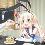  1girl :d blonde_hair cake elbow_gloves feeding food fork fruit gloves green_eyes hair_ribbon heart ink_bottle jewelry kantai_collection keizoo long_hair open_mouth plate pov_feeding quill ribbon ring shimakaze_(kantai_collection) slice_of_cake smile solo_focus strawberry wind_chime 