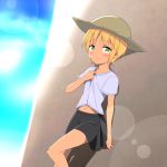  1girl against_rock bare_legs blonde_hair blush cato_(monocatienus) come_hither green_eyes hat leaning_back looking_at_viewer lunasa_prismriver miniskirt navel petite shirt_pull short_hair short_sleeves skirt smile solo sun_hat t-shirt touhou very_short_hair 