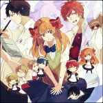  3girls 4boys a_o_ume apron chibi gekkan_shoujo_nozaki-kun hori_masayuki kashima_yuu maid maid_apron maid_headdress mikoshiba_mikoto multiple_boys multiple_girls nozaki_umetarou orange_hair polka_dot_bow sakura_chiyo school_uniform seo_yuzuki tanuki wakamatsu_hirotaka zoom_layer 