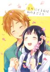  1boy 1girl :d ^_^ black_hair brown_hair closed_eyes couple hetero holding_hands kitashirakawa_tamako long_hair miton_(ton321) ooji_mochizou open_mouth petals short_hair smile tamako_market 