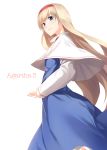  1girl alice_margatroid alternate_hair_length alternate_hairstyle blonde_hair blue_eyes capelet cover cover_page highres long_hair pino_(birthdayparty) solo touhou very_long_hair white_background 