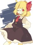 1girl bespectacled blonde_hair daizu_(melon-lemon) glasses hair_ribbon highres necktie one_eye_closed red_eyes ribbon rumia short_hair skirt smile solo star tongue tongue_out touhou 