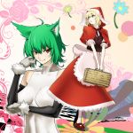  2girls ahoge alice_margatroid animal_ears apron bare_shoulders basket big_bad_wolf_(cosplay) blonde_hair blue_eyes bodysuit breasts capelet elbow_gloves fangs flower gloves green_hair highres hood impossible_clothes kazami_yuuka kemonomimi_mode lace little_red_riding_hood little_red_riding_hood_(cosplay) mattari_yufi multiple_girls red_eyes short_hair skin_tight skirt smile touhou vest waist_apron wolf_ears 