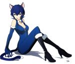  1girl alternate_costume animal_ears blue_eyes blue_hair boots breasts cat_ears cat_tail catsuit cleavage dh_(brink_of_memories) elbow_gloves full-length_zipper gloves halloween_costume high_heel_boots high_heels kemonomimi_mode official_style persona persona_4 revision scarf shirogane_naoto short_hair signature sitting solo tail zipper 