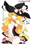  1girl bare_shoulders blonde_hair convention_greeting dress hat ideolo kirisame_marisa long_hair looking_at_viewer mushroom smile solo strapless_dress thigh_strap touhou white_background witch_hat yellow_eyes 