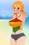  1girl arms_behind_back beach bikini breasts brown_eyes denim denim_shorts freckles highres large_breasts long_hair looking_at_viewer nami navel one_piece orange_hair shorts smile solo soumakyo swimsuit tan twintails 