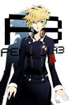  1girl aegis aegis_(persona) armband blonde_hair blue_eyes commentary copyright_name dh_(brink_of_memories) headphones highres humanization looking_at_viewer official_style persona school_uniform shadow signature solo white_background 