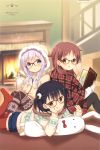  3girls :q absurdres ahoge alternate_hairstyle artist_name bespectacled black_hair black_legwear blue_eyes blurry blush book braid brown-framed_glasses brown_eyes brown_hair bunny_print casual chestnut_mouth chin_rest cup depth_of_field fireplace fleur_de_lis glasses gochuumon_wa_usagi_desuka? hair_down hand_on_own_cheek highres holding holding_book hooded_sweater hoodie jouga_maya kafuu_chino koi_(koisan) lavender_hair long_hair long_sleeves looking_at_viewer lying mug multiple_girls natsu_megumi official_art on_stomach open_book open_mouth over-rim_glasses plaid pocky print_legwear print_sweater red-framed_glasses red_legwear scan semi-rimless_glasses shorts sitting sleeves_past_wrists smile snowflake_print stuffed_animal stuffed_bunny stuffed_toy sweater thigh-highs tongue tongue_out twin_braids yellow_eyes 