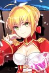  1girl ahoge blonde_hair breasts cleavage cleavage_cutout dress epaulettes fate/extra fate_(series) green_eyes hair_ribbon hand_on_own_cheek k_(shinya90) lowres red_dress ribbon saber saber_extra smile solo 