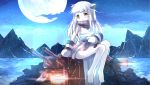  1girl airplane bare_legs barefoot brown_eyes highres holding horns kantai_collection long_hair looking_at_viewer mittens moon mountain night night_sky northern_ocean_hime open_mouth pale_skin risutaru shinkaisei-kan sitting sky solo star_(sky) starry_sky tagme turret white_hair 