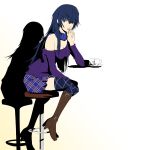  1girl atlus bar_stool blue_eyes blue_hair blue_legwear boots chin_rest commentary cosplay cup dh_(brink_of_memories) female_protagonist_(persona_3) female_protagonist_(persona_3)_(cosplay) hair_between_eyes highres long_hair megami_tensei off_shoulder official_style persona persona_3 persona_3_portable persona_4 persona_x_detective plaid plaid_skirt shadow shin_megami_tensei shiomi_kotone shiomi_kotone_(cosplay) shirogane_naoto signature sitting skirt solo sweater teacup thigh-highs 