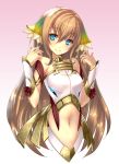  1girl absurdres aqua_eyes ar_nosurge gradient gradient_background hair_ornament highres ion_(ar_nosurge) light_brown_hair long_hair looking_at_viewer navel ntny official_art simple_background smile solo 