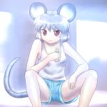  1girl alternate_costume animal_ears bare_arms bare_shoulders casual chemise collarbone grey_hair mouse_ears mouse_tail nazrin red_eyes shirosato shorts sitting solo spread_legs tail touhou 