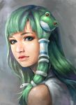  1girl blue_eyes expressionless eyelashes frog_hair_ornament green_hair grey_background hair_ornament highres kochiya_sanae lips long_hair looking_at_viewer looking_to_the_side nose pandawei portrait realistic snake_hair_ornament solo touhou 