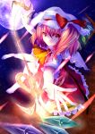  1girl ascot blonde_hair bow flandre_scarlet foreshortening full_moon glowing hat highres laevatein moon night red_eyes ribbon short_hair side_ponytail slnc&#039;re495 smile solo touhou wings 