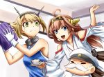  1boy 2girls :d admiral_(kantai_collection) ahoge brown_hair cup detached_sleeves facial_hair hat headgear ishii_hisao kantai_collection kongou_(kantai_collection) long_hair multiple_girls mustache mutsu_(kantai_collection) nontraditional_miko obentou open_mouth peaked_cap short_hair smile teacup 
