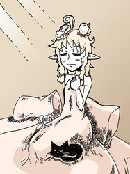  2girls :3 animal_on_head bed_sheet bird blush braid cat dragon&#039;s_crown elf_(dragon&#039;s_crown) minigirl morning multiple_girls naked_sheet pillow pointy_ears setz solo_focus squirrel tiki_(dragon&#039;s_crown) twin_braids |3 