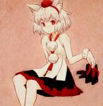  1girl animal_ears bare_shoulders footwear_removed geta hat inubashiri_momiji jean_(artist) looking_at_viewer pom_pom_(clothes) red_eyes short_hair simple_background sitting skirt sleeveless sleeveless_shirt smile solo tokin_hat touhou white_hair wolf_ears 
