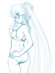  1girl ass bespectacled bra glasses hand_on_hip hatsune_miku long_hair looking_back monochrome o-minato open_mouth panties sketch solo twintails underwear very_long_hair vocaloid 