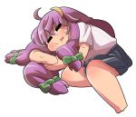  1girl =_= ahoge alternate_costume blush bow casual closed_eyes crescent_hair_ornament drooling hair_bow hair_ornament hair_ribbon kakuzatou_(koruneriusu) long_hair lying open_mouth patchouli_knowledge purple_hair ribbon saliva shirt simple_background sweat tagme touhou white_background 
